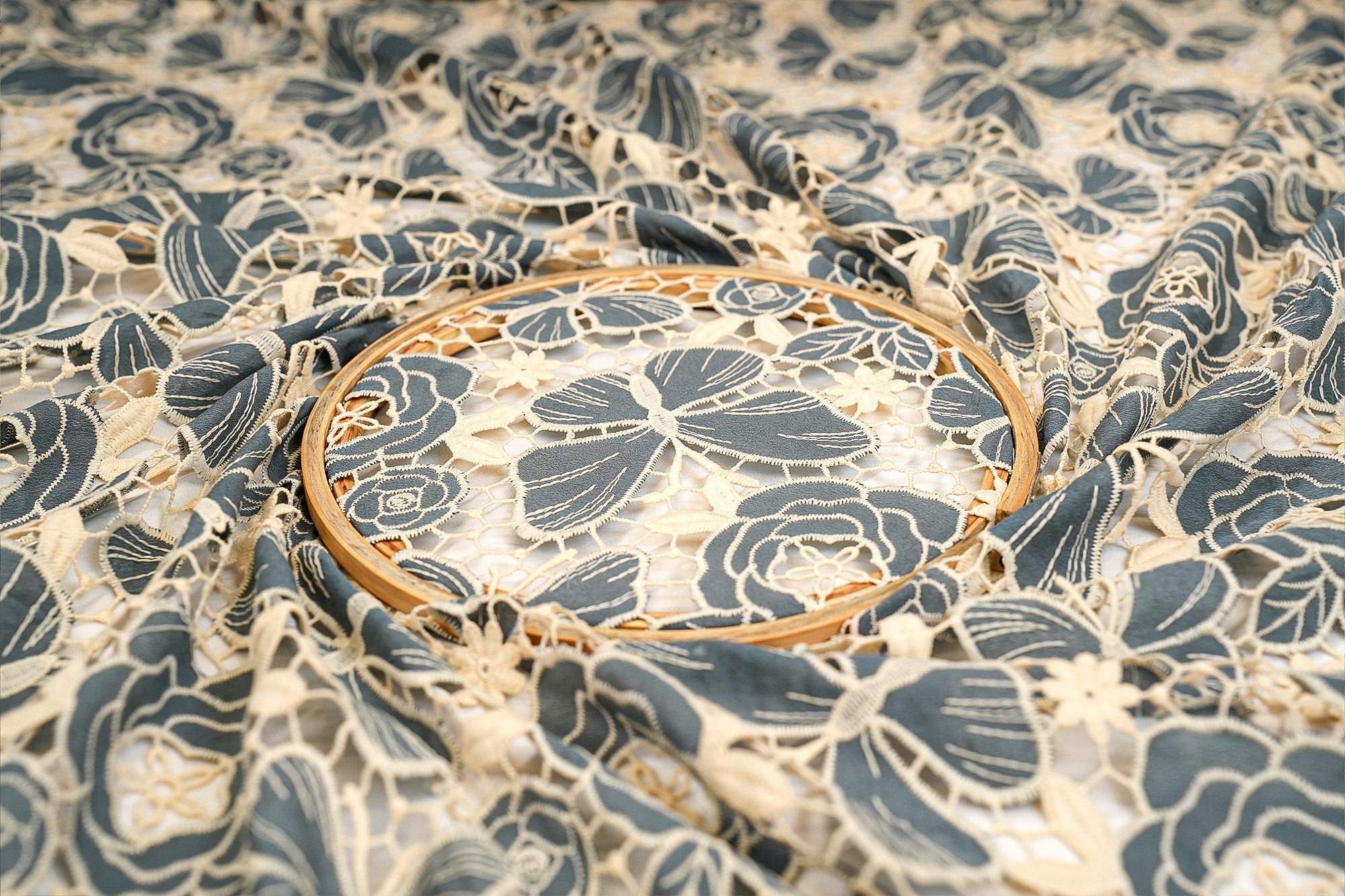 Blue embroidered crepe fabric with thread work embroidery and cut-work detailing - Paras Gallery Fabrics