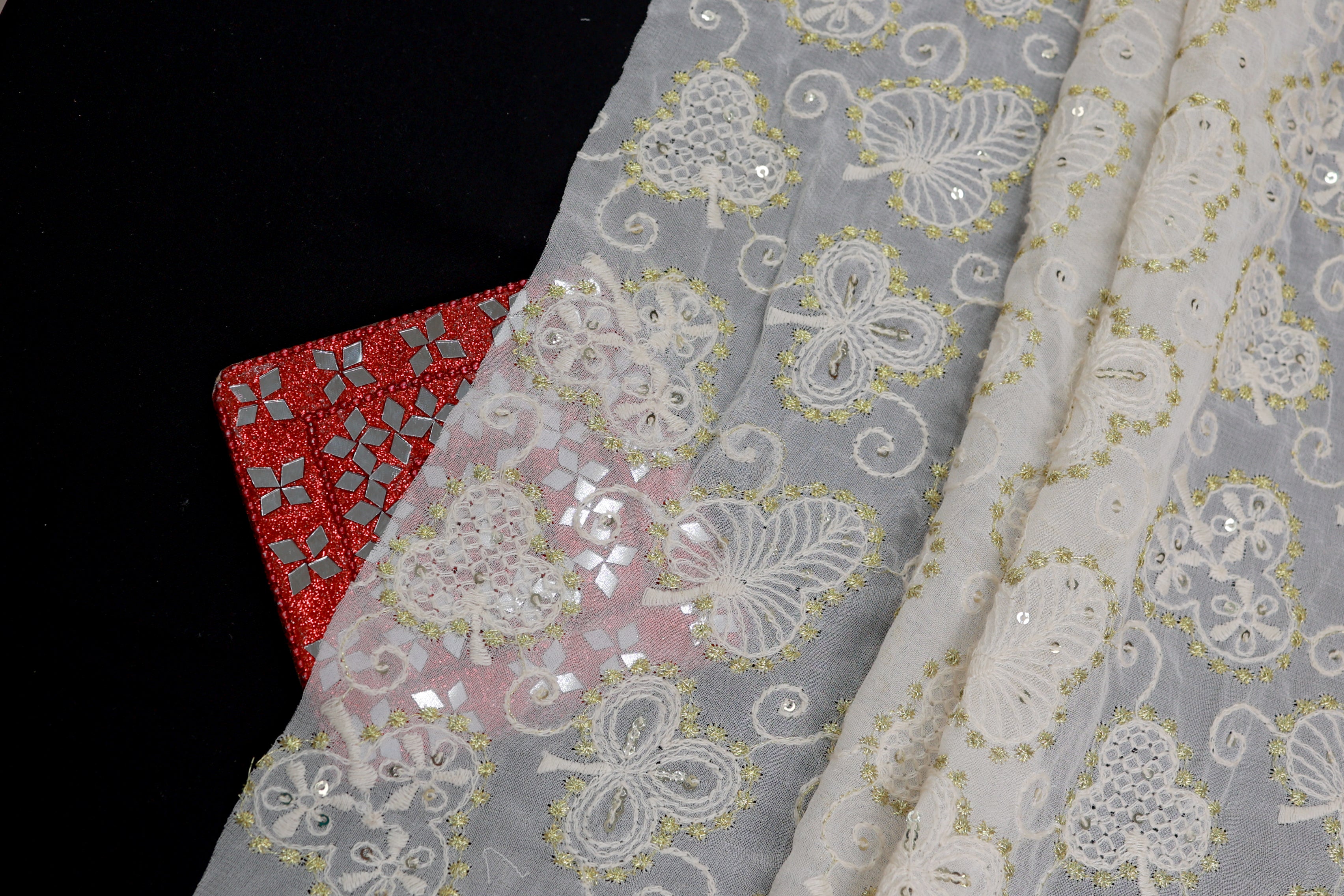 Floral Pattern White Thread & Zari Soft Embroidered Georgette Fabric