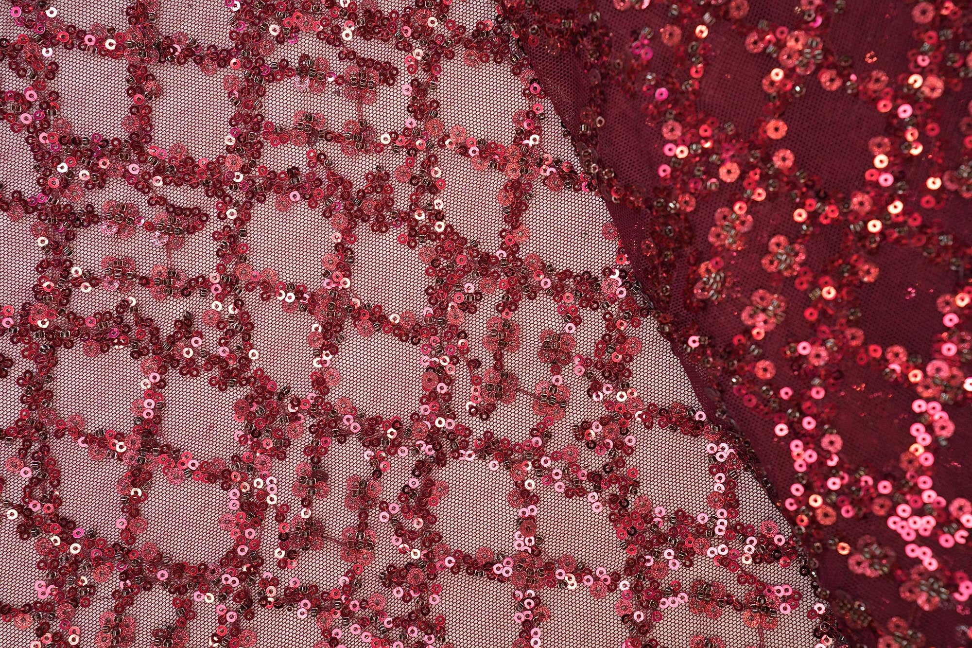 Maroon geometric pattern lycra net with sequins work