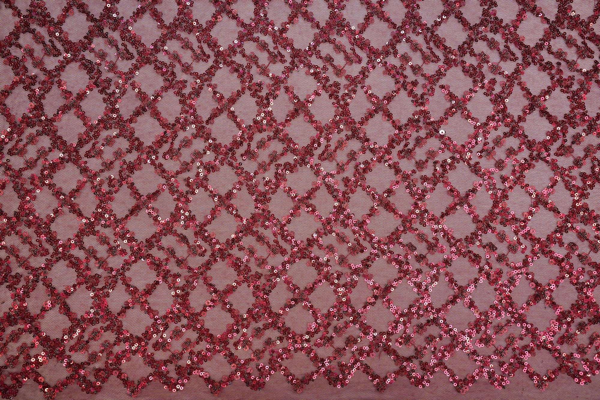 Maroon geometric pattern lycra net with sequins work