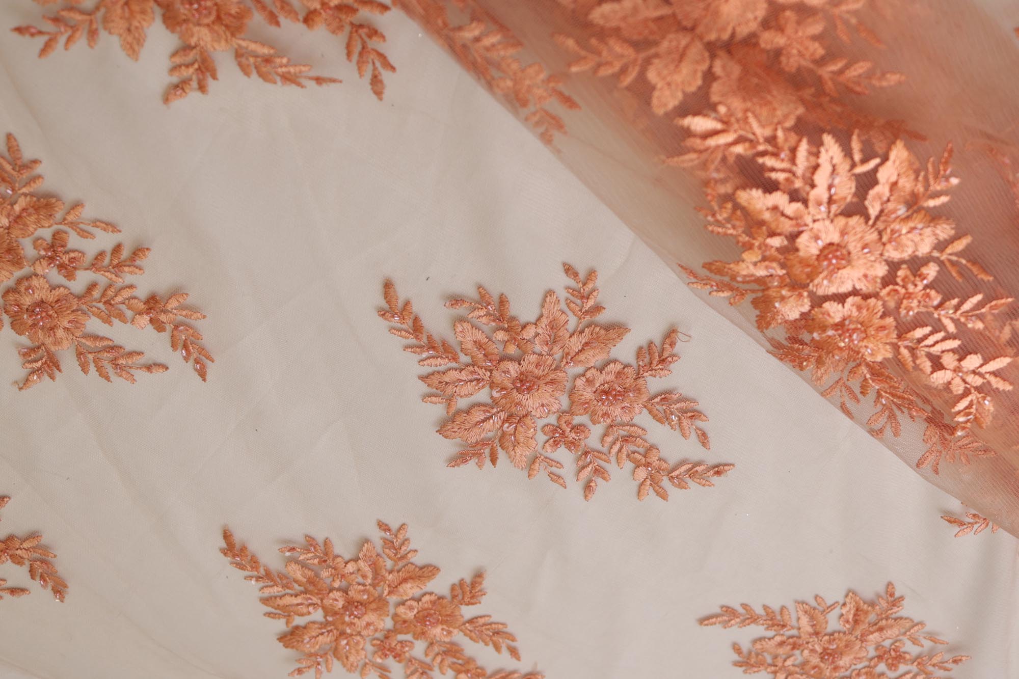 Peach Net with Beaded Floral Motifs and Cutwork Borders