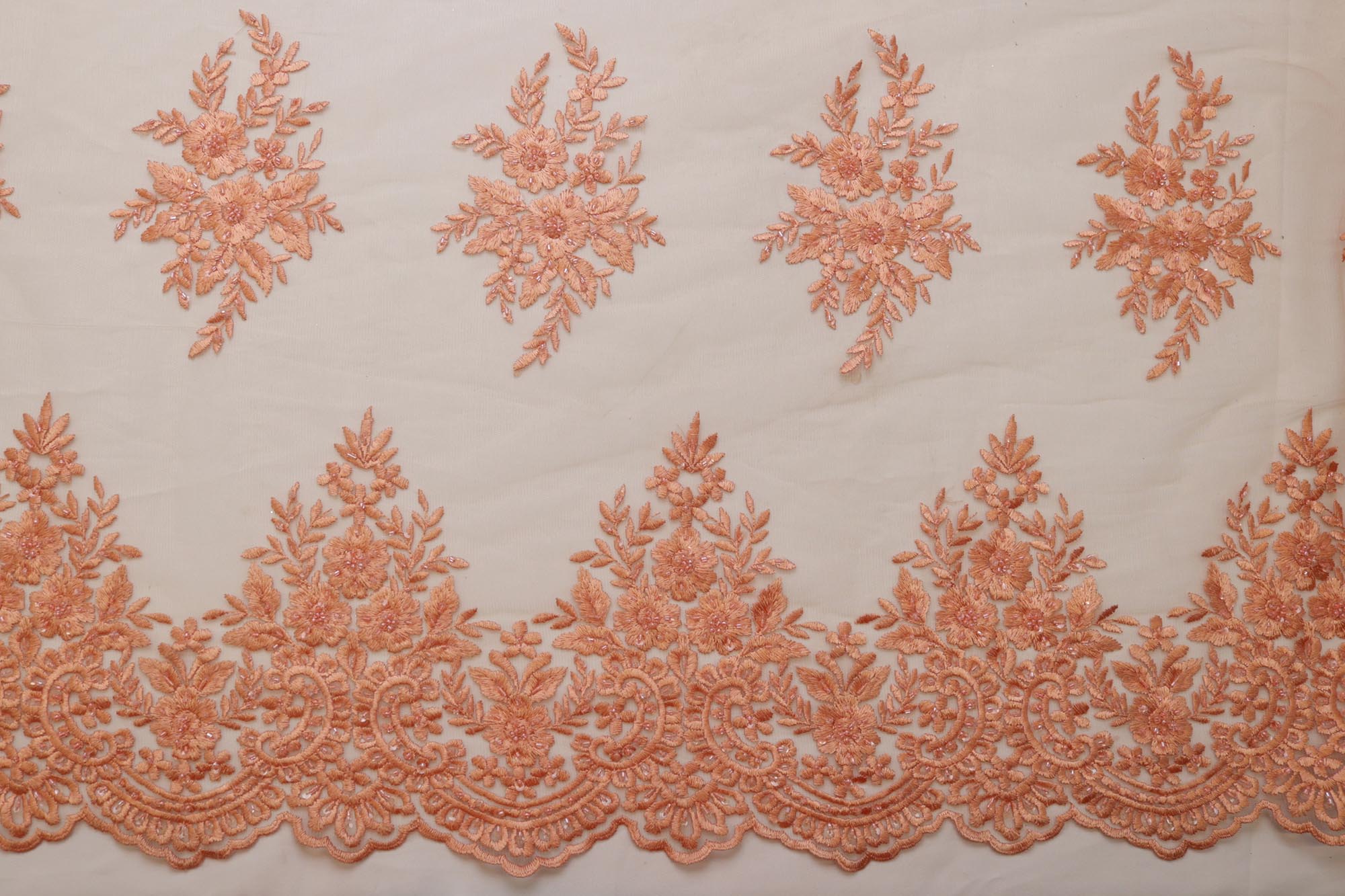 Peach Net with Beaded Floral Motifs and Cutwork Borders