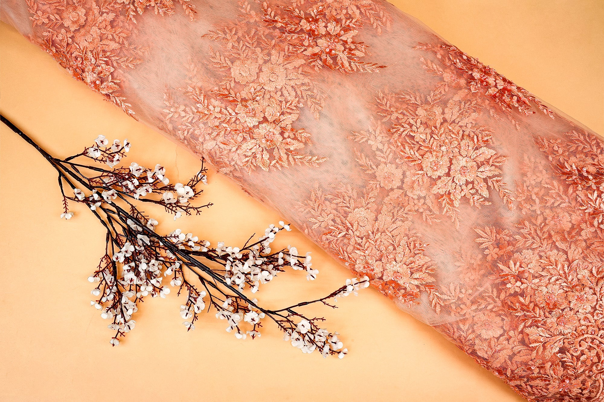 Peach Net with Beaded Floral Motifs and Cutwork Borders