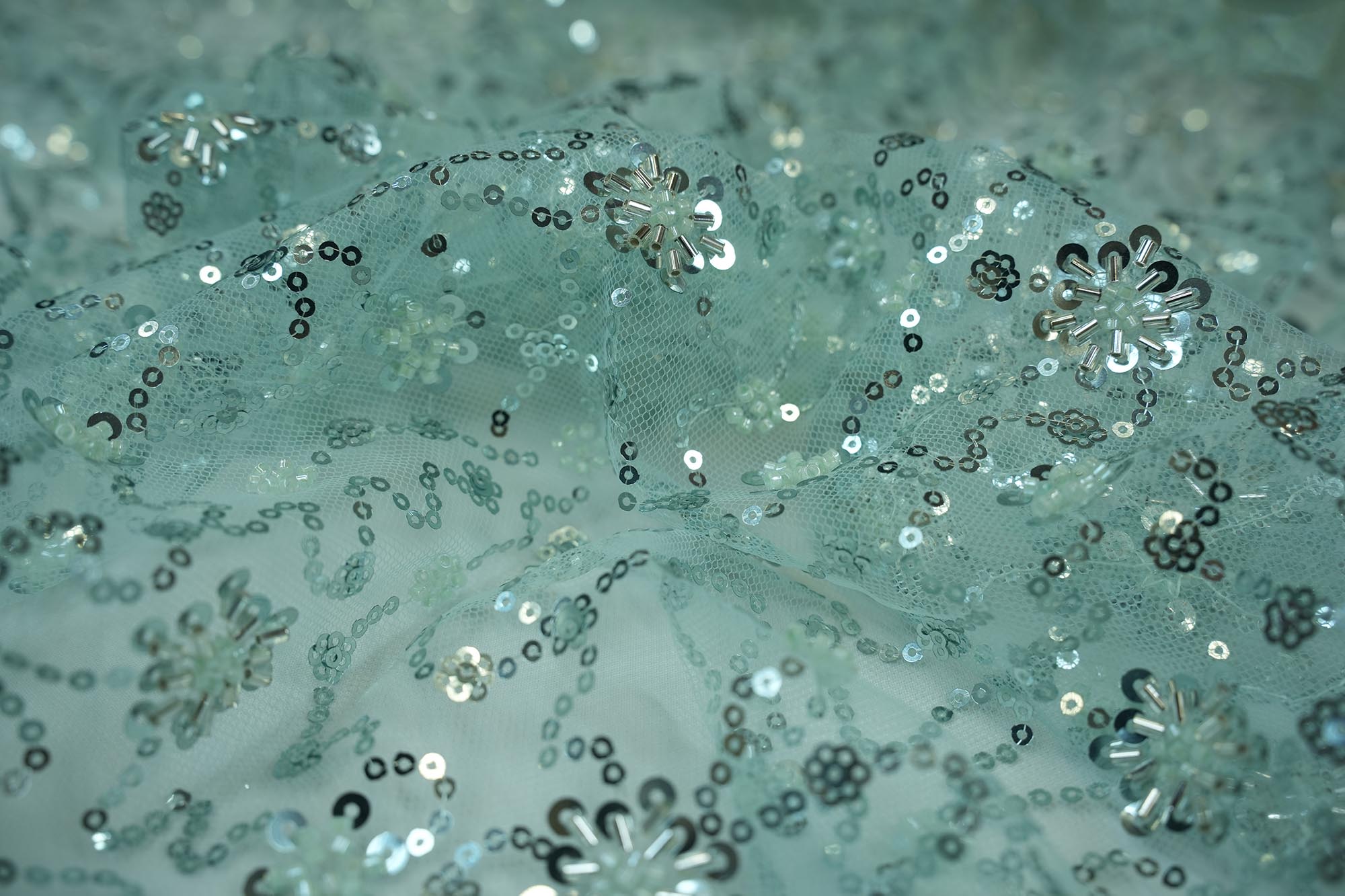 Mint Green floral pattern net with sequins and bead work