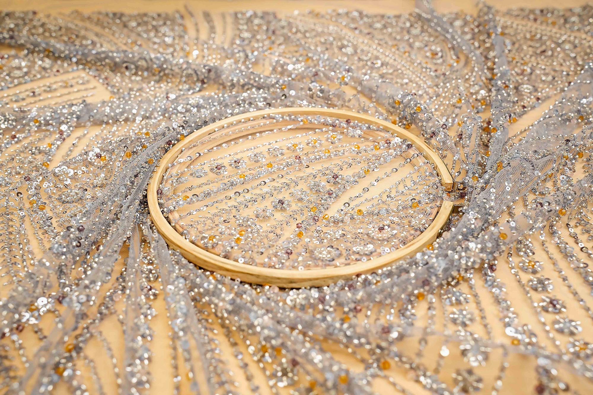 Grey Handwork Net with Gold Sequins, Pearls, and Cut-Dana