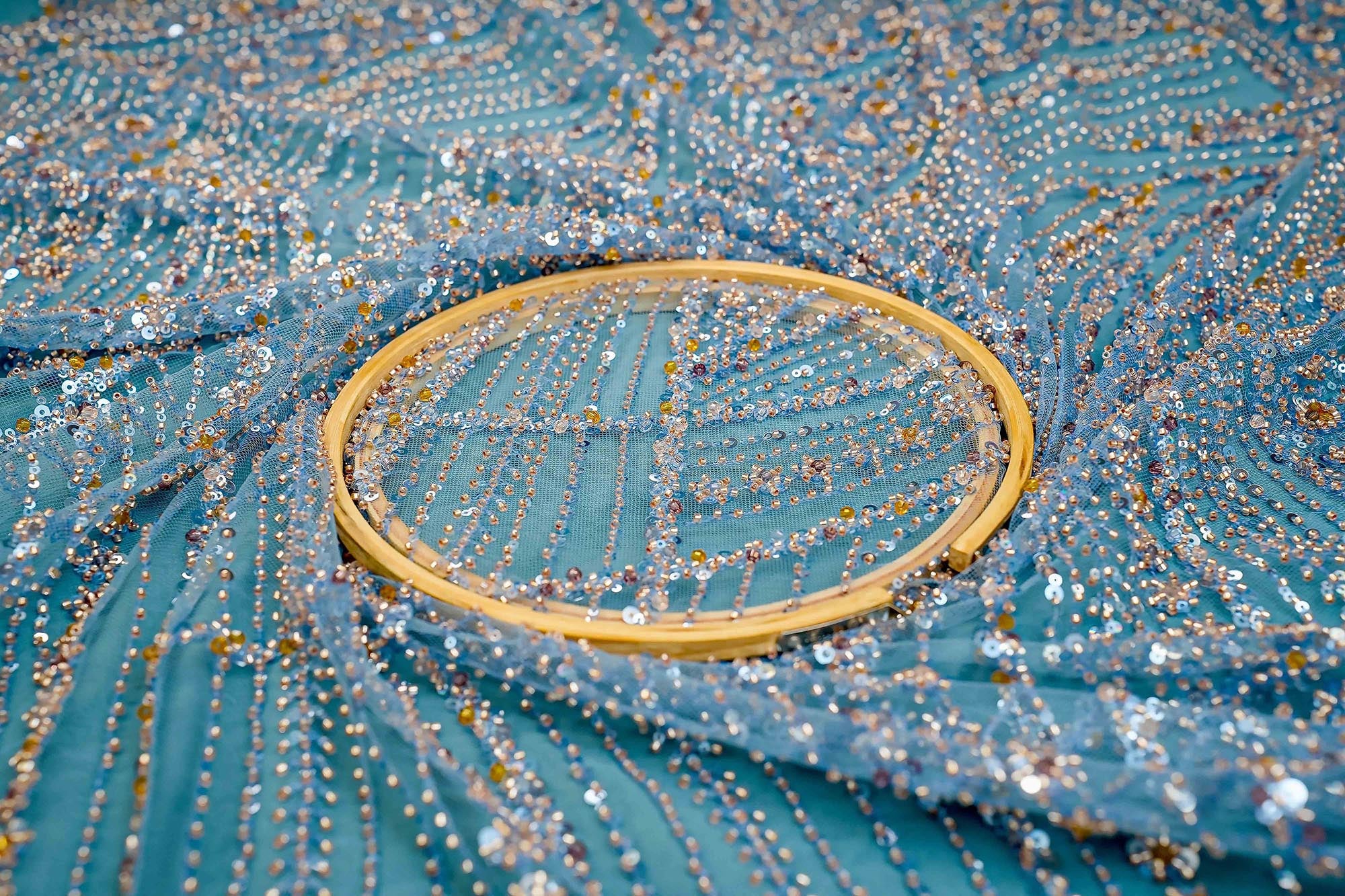 Blue Handwork Net with Gold Sequins, Pearls, and Cut-Dana