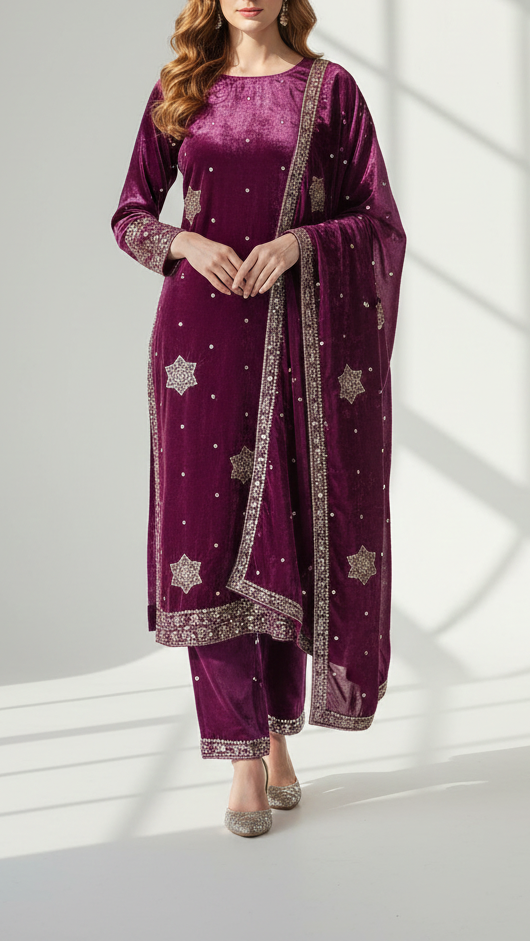 Purple Velvet Fabric With All Over Buti Of Sequins, Katdana and Bead 20987