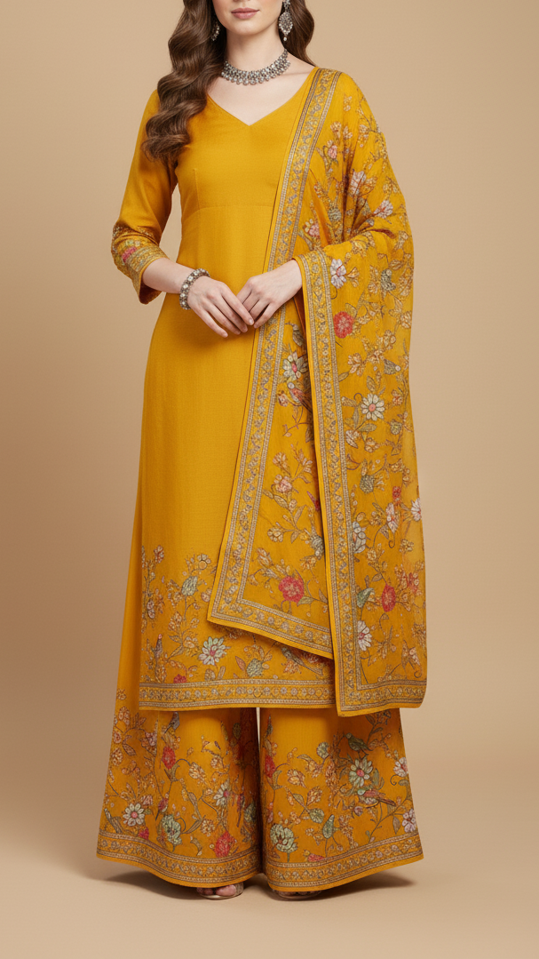 Mustard Georgette Fabric with All Over Traditional Print and Katdana, Bead and Sequins Work 19679