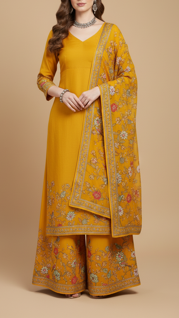 Mustard Georgette Fabric with All Over Traditional Print and Katdana, Bead and Sequins Work 19679
