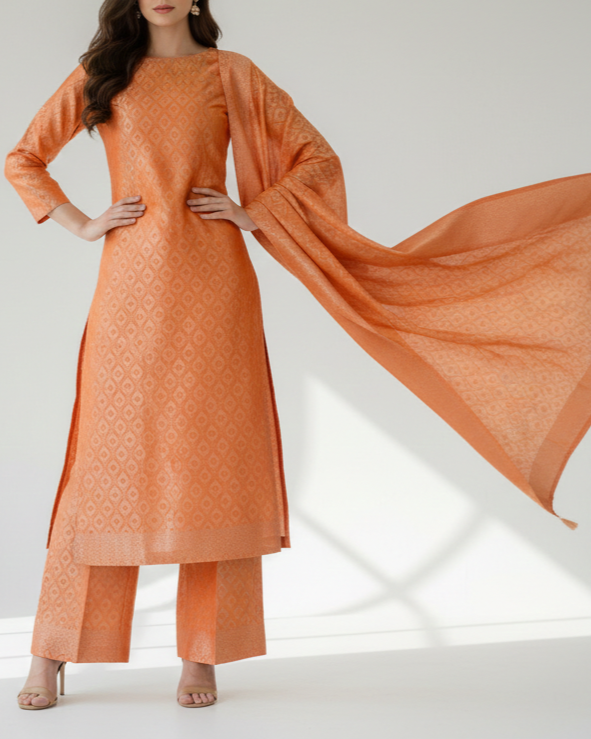 Orange Banarasi Brocade Fabric With All Over Thread And Golden Zari Handloom 16788