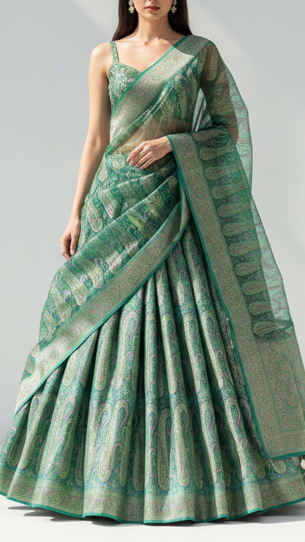 Rama Green Banarasi Brocade Fabric With All Over Thread And Golden Zari Handloom 21417