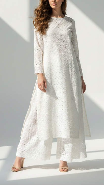 White Dyeable Georgette Fabric With All Over Zari, Sequins And Thread Work 21961
