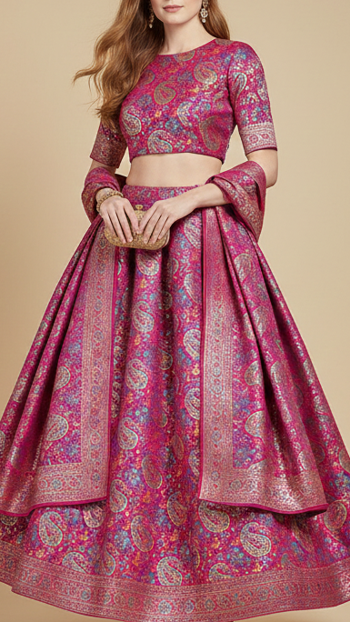 Magenta Banarasi Brocade Fabric With All Over Thread And Golden Zari Handloom 19272