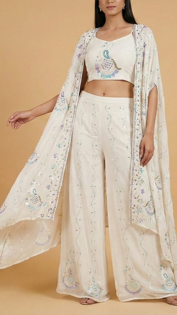 The Noor - White Georgette Peacock Symphony Fabric with Rainbow Sequins, Kutdana, Beads, and Threadwork | 11670