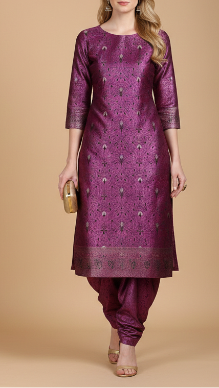 Purple Banarasi Brocade Fabric With All Over Thread And Zari Handloom 19061