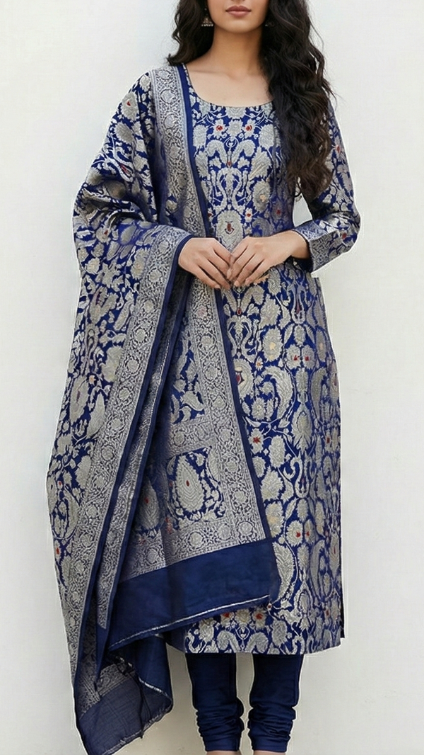 Navy Blue Pure Banarasi Brocade Fabric With All Over Thread And Zari Handloom 20780