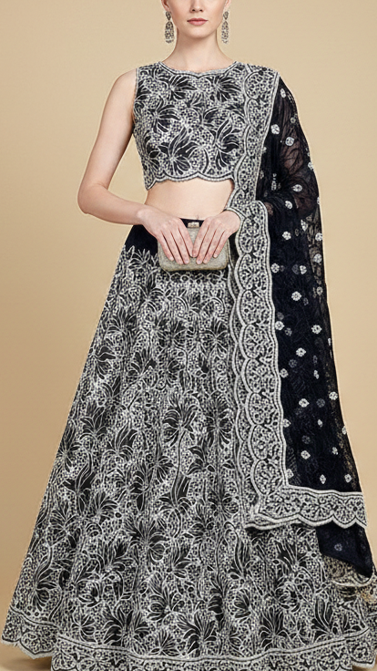 Black Imported Crepe Fabric With All Over Cutwork 15821