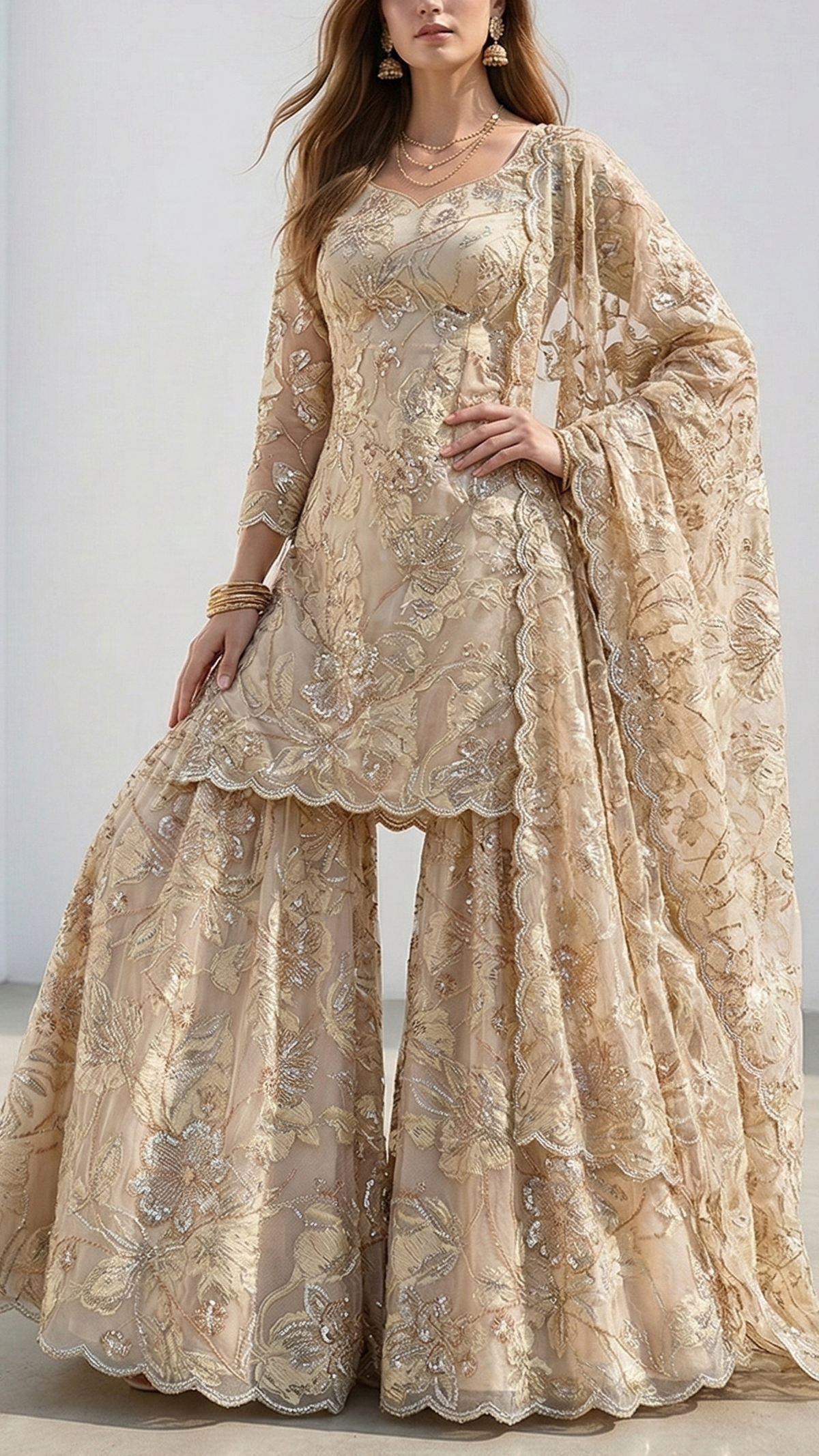White Organza Fabric With All Over Katdana, Bead And Sequins Work & Lemon Foil Work Flowers 22139