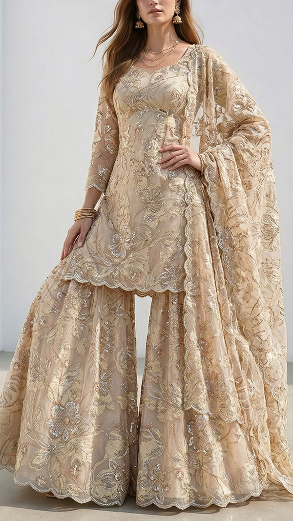 White Organza Fabric With All Over Katdana, Bead And Sequins Work & Lemon Foil Work Flowers 22139
