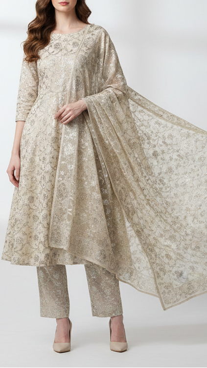 White Dyeable Chanderi Silk Fabric With All Over Dull Gold Zari Handloom 21785
