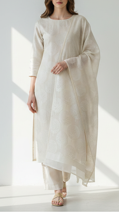 White Silk Fabric With All Over Thread Handloom 20652