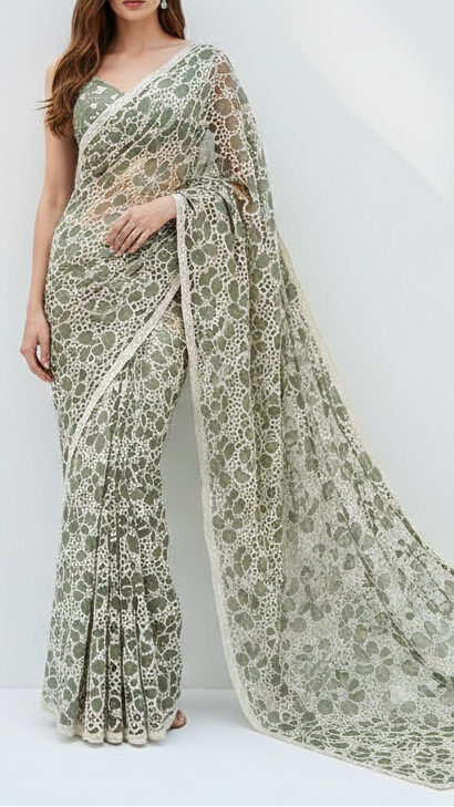 Olive Green Cotton Fabric With All Over Thread And Cutwork With Scalloped Edges 21887
