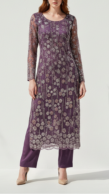 Purple Imported Net Fabric with Sequins, Beads & Katdana 12368