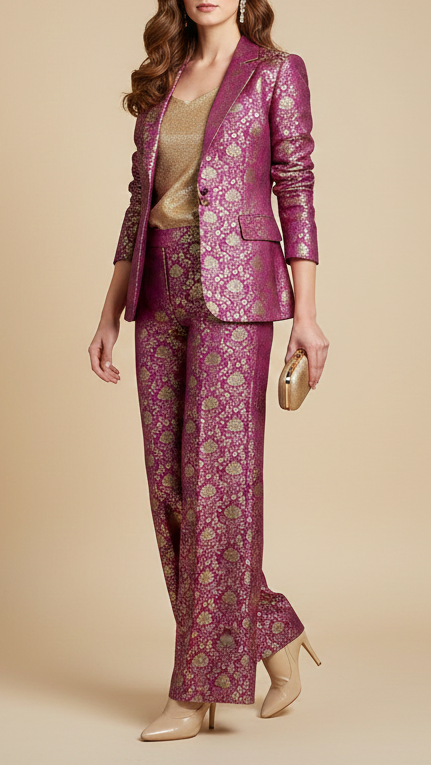 Purple Banarasi Brocade Fabric With All Over Thread And Zari Handloom 20187