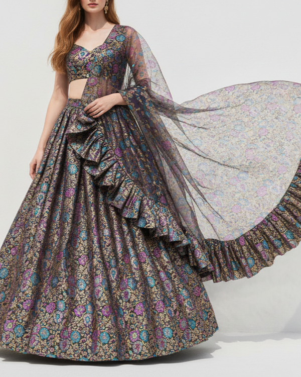 Black Banarasi Brocade Fabric With All Over Thread And Zari Handloom 21260