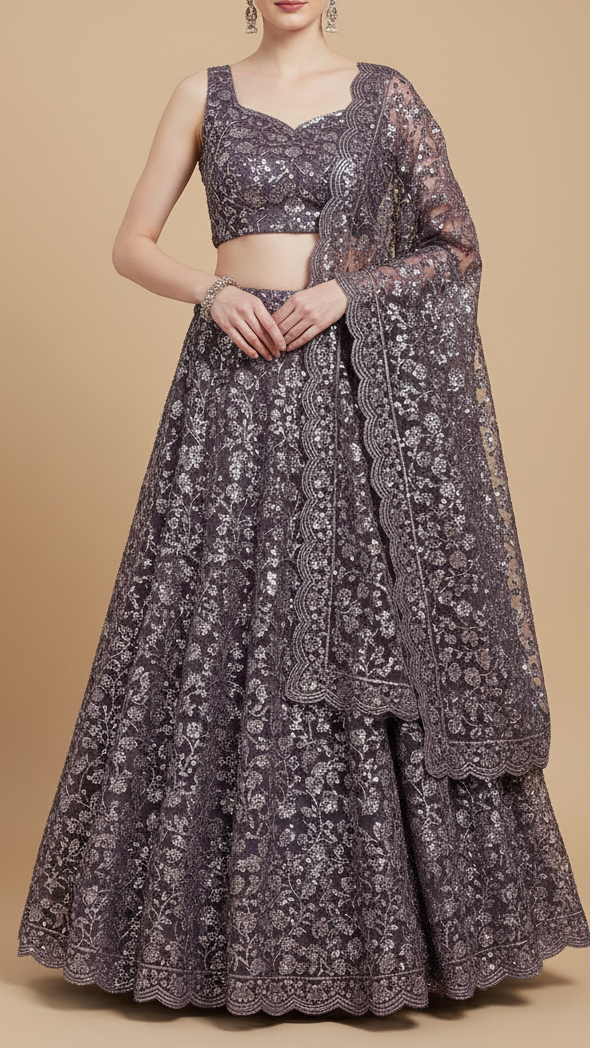 Graphite Purple Imported Net Fabric with Allover Bead, Sequins and Katdana Work 19713