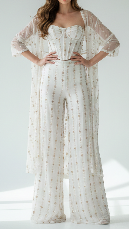White Dyeable Silk Fabric With All Over Stripes Of Beads, Katdana And Sequins Work 21567