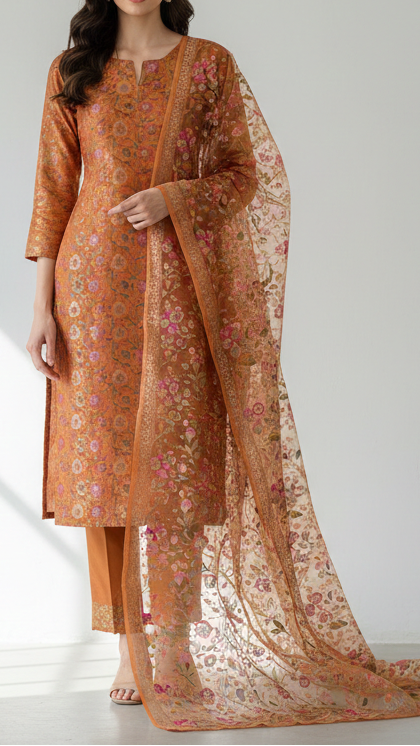 Peach Banarasi Brocade Fabric With All Over Golden Zari Handloom 21300