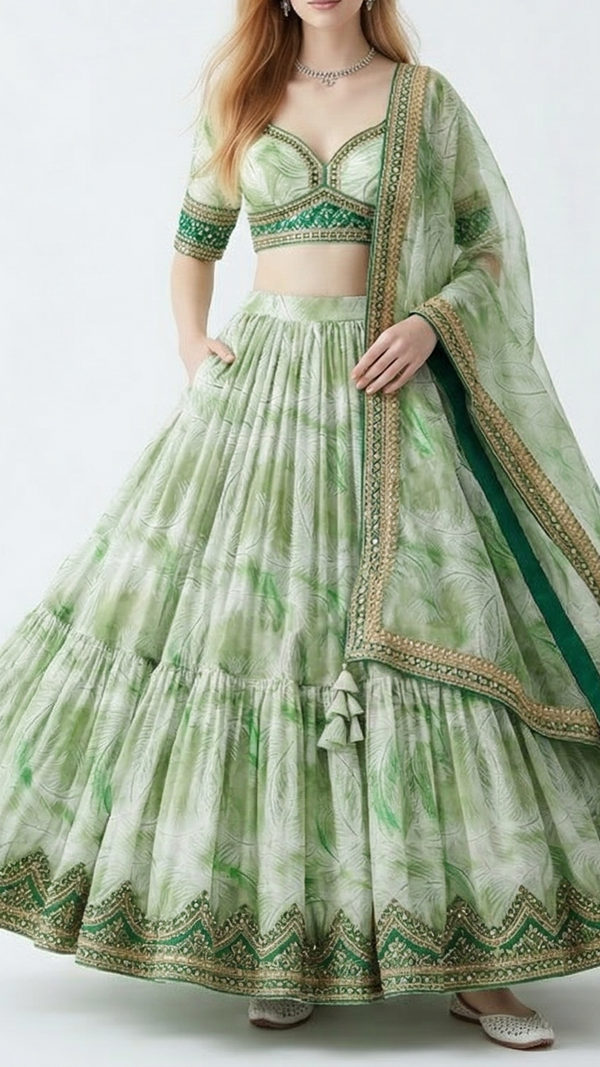 Light Green Organza Fabric with Allover Thread Work 13605