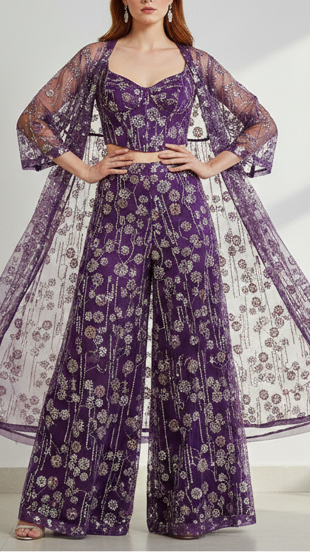 Purple Imported Net Fabric with Sequins, Beads & Katdana 12368