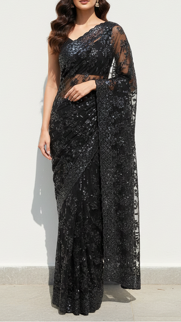 Black Imported Net Fabric With All Over Katdana, Bead And Sequins Work With One Side Scalloped Border 22038