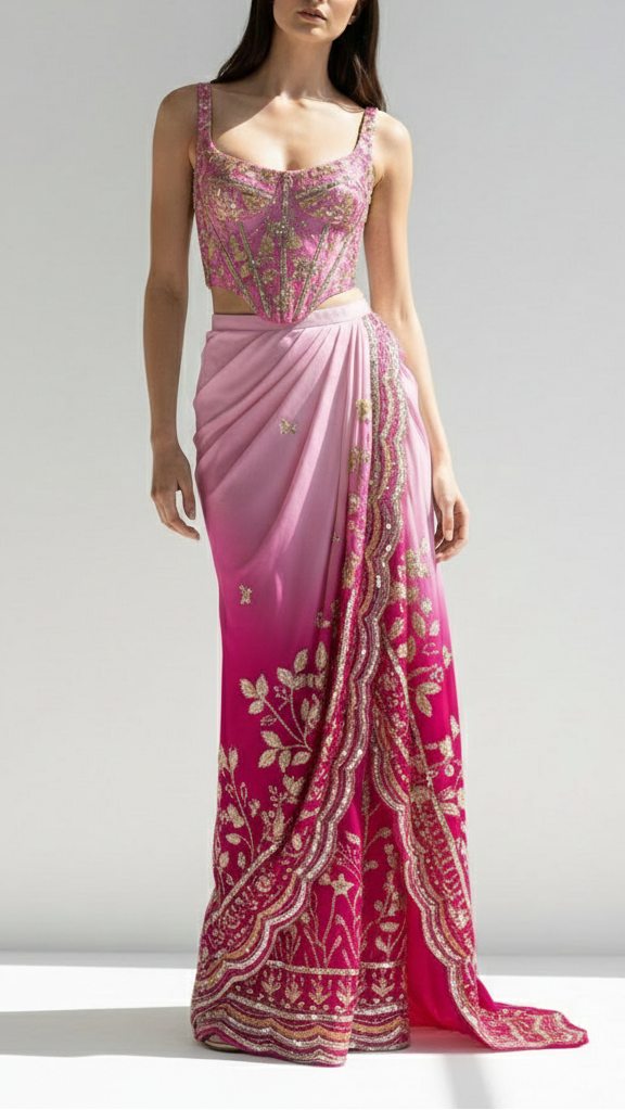 White Dyeable Organza Fabric With All Over Buti Of Sequins, Bead, Katdana And Zari Work With One Side Scalloped Border 21717