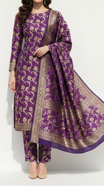 Navy Blue Banarasi Brocade Fabric With All Over Thread And Zari Handloom 21274