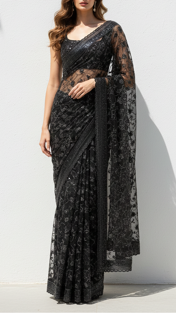 Black Imported Net Fabric With All Over Katdana, Bead And Sequins Work With One Side Scalloped Border 22033
