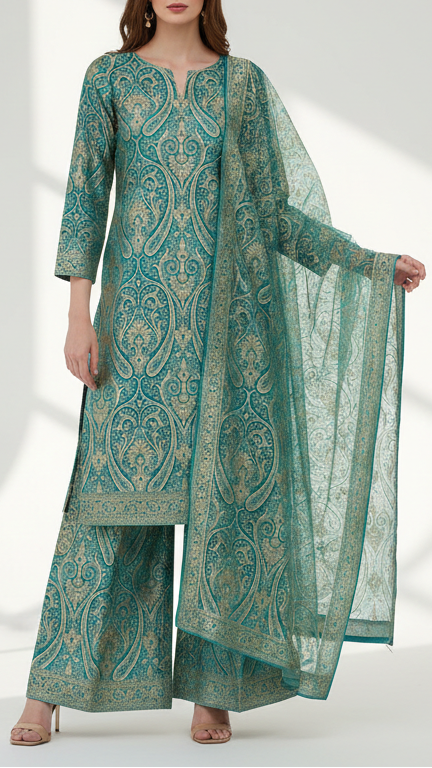 Teal Green Banarasi Brocade Fabric With All Over Golden Zari Handloom 21851