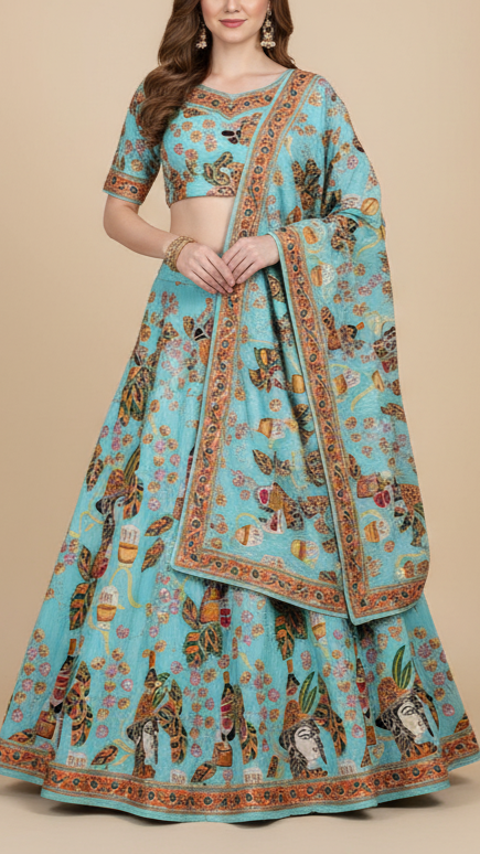 Sky Blue Crepe Fabric with All Over Zari and Sequins Work with Abstract Print 15987