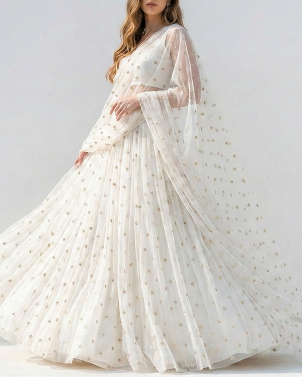 White Dyeable Organza Fabric With Allover Buti Of Golden Katdana And Sequins Work 21100