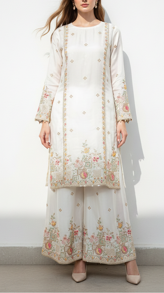 White Dyeable Organza Fabric With All Over Sequins, Bead, Katdana And Multi Color Thread Work With One Side Border 21720