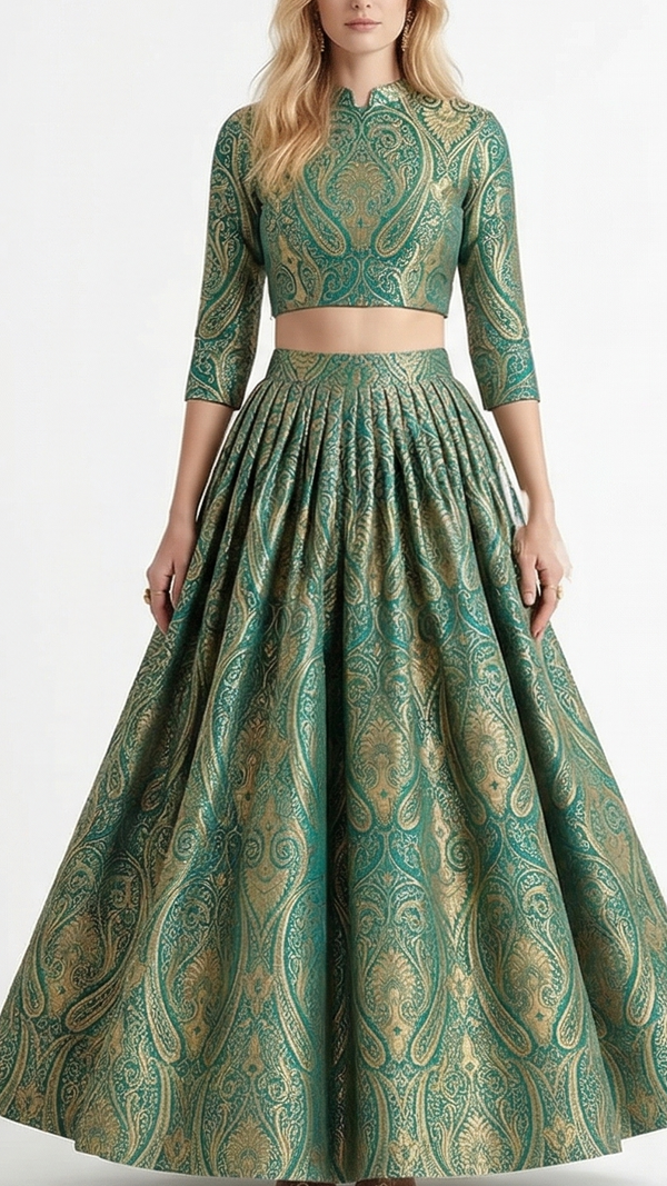 Rama Green Banarasi Brocade Fabric With All Over Thread And Zari Handloom 22456