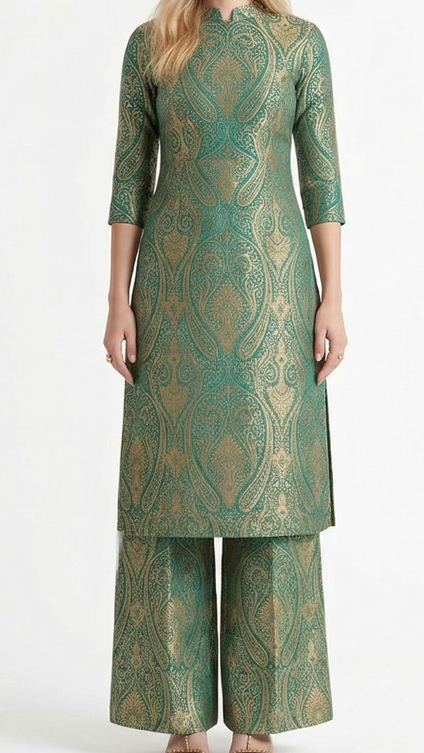 Rama Green Banarasi Brocade Fabric With All Over Thread And Zari Handloom 22456