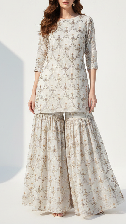 White Dyeable Crepe Fabric With All Over Zari, Katdana And Sequins Work 20972