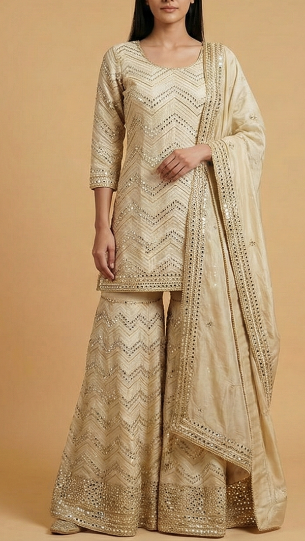 The Noor - Golden Tissue Fabric With Faux Mirror ,Beads, Katdana And Zari Elegance | 10176