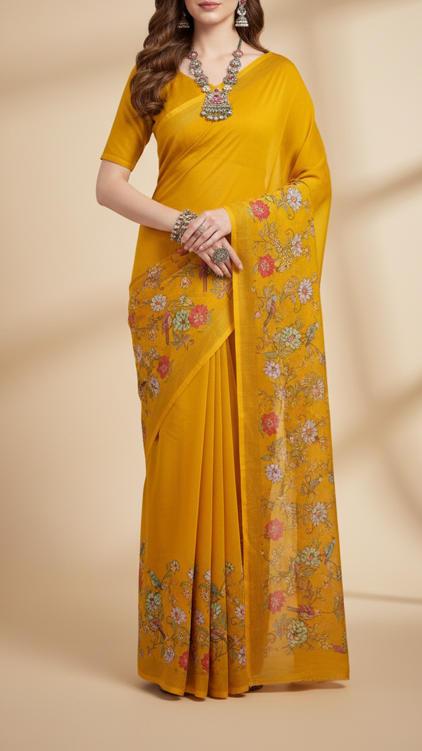 Mustard Georgette Fabric with All Over Traditional Print and Katdana, Bead and Sequins Work 19679