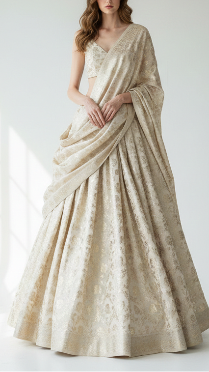 White Dyeable Chanderi Silk Fabric With All Over Dull Gold Zari Handloom 21786