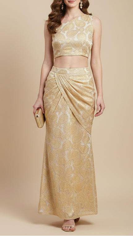 White Organza Tissue Fabric With All Over Golden Zari Handloom 20575
