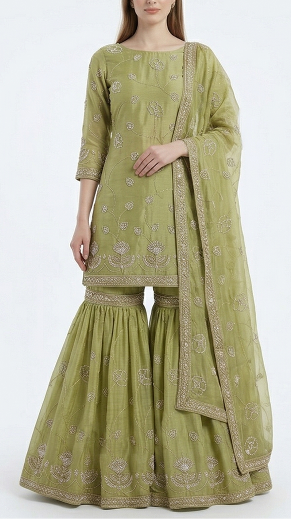 Pista Green Chanderi Fabric With All Over Floral Bead And Zari Work 22487